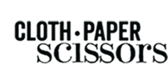 Logo with scissors cutting paper over fabric design